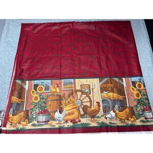 Vintage Country Farm Chicken Rooster Cotton Fabric Panel 1 yard + 10" Barn Scene